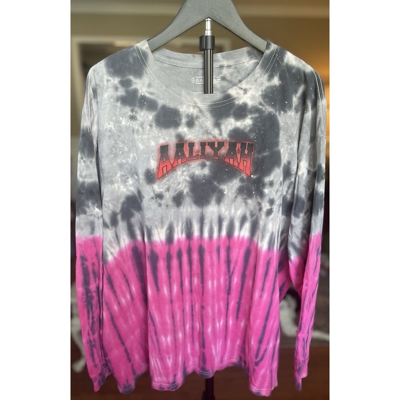 Aaliyah Tops - Aaliyah Tie Dye Long Sleeve Graphic Tee Size 2XL Pink Grey Crew Neck